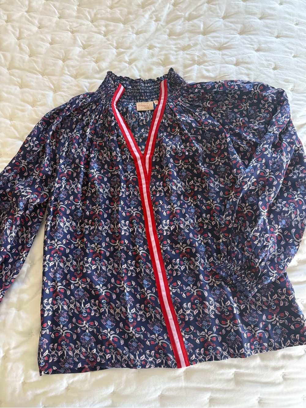 Navy Floral V-Neck Blouse with Red Trim by Rungolee